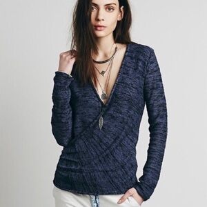 Free People Gotham Blue Black Long Sleeve V Neck Cross Over Ruched Front Sweater
